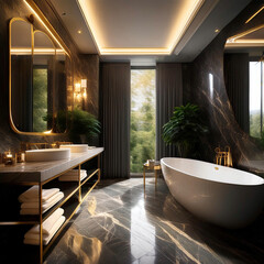 Luxury bathroom with marble textures and golden accents