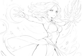  Powerful Anime Character Unleashing Magic. Dynamic grayscale illustration of a female anime character likely from a game or manga