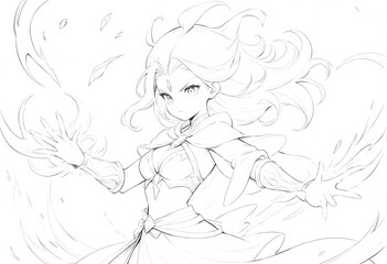  Powerful Anime Girl Unleashes Magic in Dynamic Pose. A captivating black and white sketch of an anime girl showcasing a dynamic pose while wielding magical energy