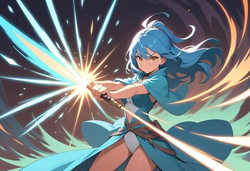 Anime girl wielding magical sword in dynamic action pose. A vibrant anime illustration showcases a young woman with striking blue hair poised in a powerful action pose