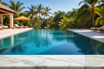 Fototapeta premium marble pedestal display over Luxury swimming pool in a tropical hotel garden with palm trees and blue sky