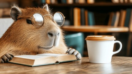 A capybara with glasses is enjoying a book beside a steaming cup of coffee in a warm cafe atmosphere