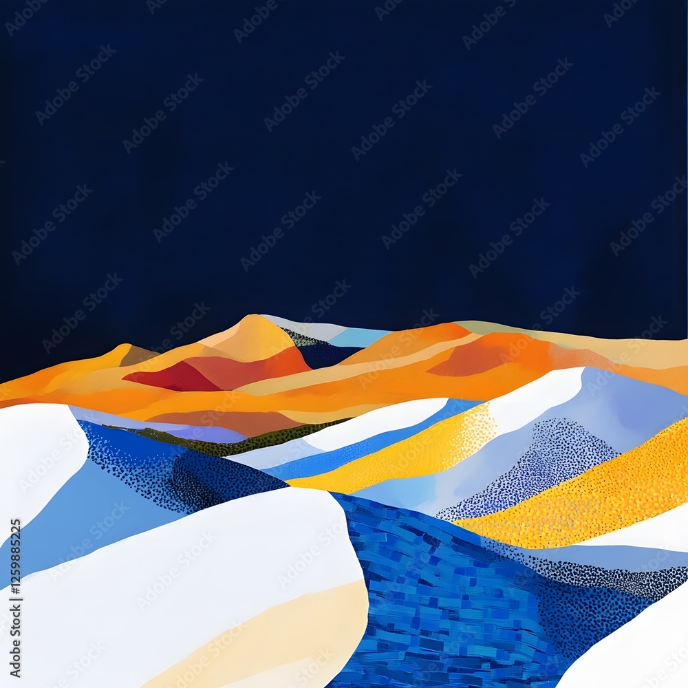 Poster vibrant geometric landscape of colorful abstract dunes and hills surreal dreamlike desert scenery wi