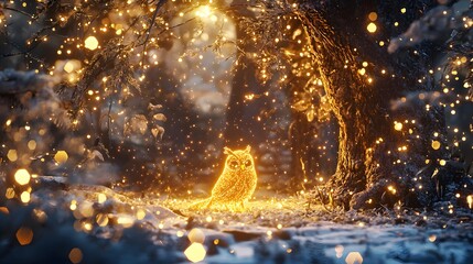 Naklejka premium Magical Winter Forest Scene Glowing Owl in Snowy Landscape with Fairy Lights