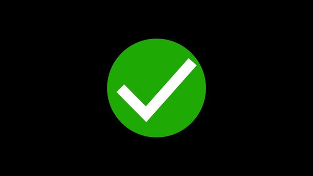 White check mark icon in green circle animation on a black background. Check mark symbol. tick mark, approval, confirmation and success.