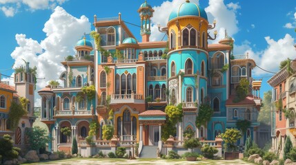Obraz premium A digital painting of a colorful fantasy palace with domes, intricate facades, and lush greenery. A perfect concept for storybook settings, fantasy worlds, and imaginative designs. AI generated.