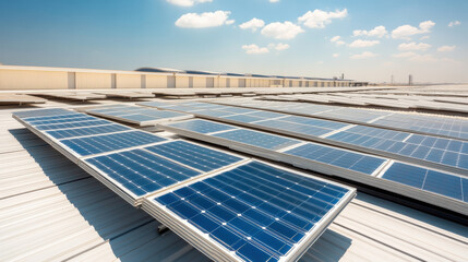 Fototapeta premium vast solar farm with rows of solar panels under clear blue sky, showcasing renewable energy technology and sustainability . offering a efficient and eco-friendly solution with photovoltaic technology