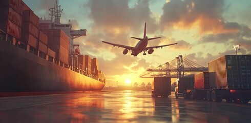 Cargo ship, airplane, port, sunset (1)