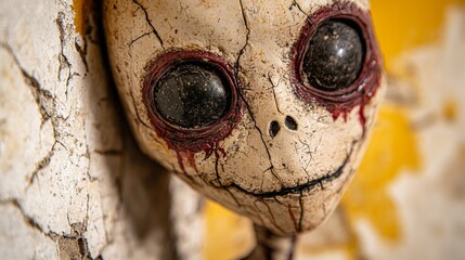  a close up of a creepy doll with red eyes on a wall, set against a blurred background