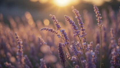 Obraz premium Lavender field at sunset with warm sunlight and soft focus creating serene atmosphere