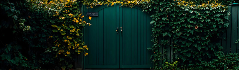 Green gate, ivy, autumn leaves