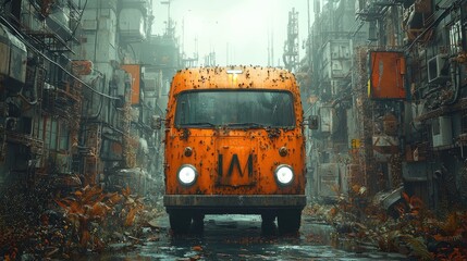 An abandoned orange truck sits in a desolate, overgrown urban environment surrounded by decay