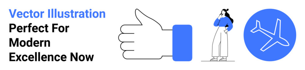 Thumbs-up gesture, woman pondering in casual outfit, blue airplane icon for positivity, travel, decision-making, modern lifestyle, career growth, innovation, teamwork and flat landing page banner
