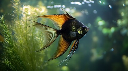 An elegant angelfish gliding in a corner lit aquarium with tall grass like plants and soft reflections on the glass