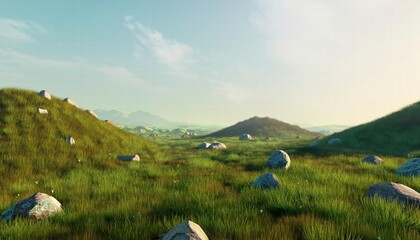 Fototapeta premium Rolling green hills dotted with rocks under a clear sky