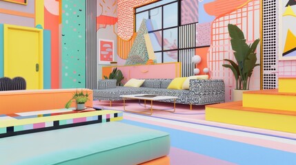 A colorful and artistic living space featuring bold geometric patterns, pastel hues, and modern furnishings. An eclectic mix of textures and shapes creates a unique visual experience. AI generated.