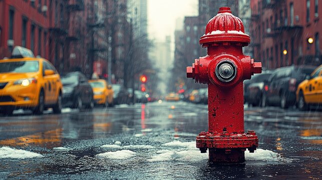 Vibrant red fire hydrant on a rainy urban street with yellow taxis and blurred buildings in the background