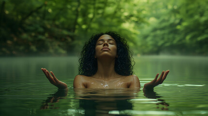 Fototapeta premium Woman meditating in a serene forest lake surrounded by lush green trees during a tranquil morning