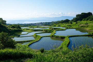 Fototapeta premium Terraced rice paddies reflect the sky near the coast on a sunny day for agriculture