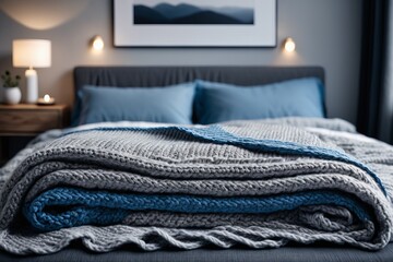 A comfortable bed with blue knit blanket and pillows in a well-designed bedroom