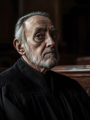 Obraz premium Elderly judge seated in courtroom, deep in thought, reflecting on an important case during a trial