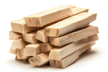 Stack of wooden sticks, pile of lumbers for crafting, burning, building on white
