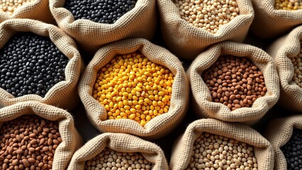 Obraz premium various lentils and beans in burlap sacks. 