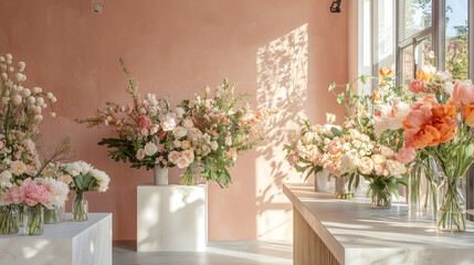 Floral arrangements in a pastel room showcasing vibrant blooms and natural light in a tranquil floral studio setting