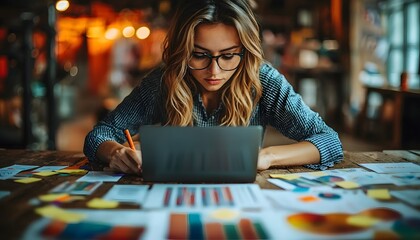 Fototapeta premium Focused Young Woman Conducting Research and Analysis While Sitting at a Table Covered with Colorful Charts, Graphs, and Notes in a Creative Workspace
