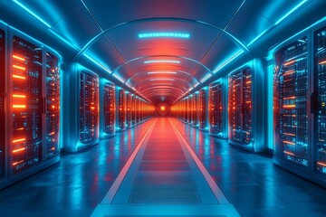 Fototapeta premium Futuristic Data Center with Rows of Server Towers in Metallic Blue: Symmetrical Composition and High-Tech Atmosphere