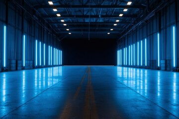 Empty warehouse with neon lighting creating a modern industrial ambience design