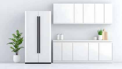 Minimalist kitchen design with white refrigerator and plants in a bright interior