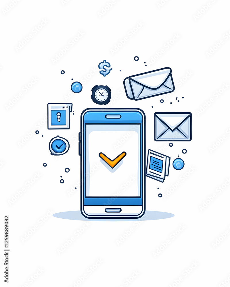 Poster mobile phone with check mark, email and reminder icons floating around, for service app