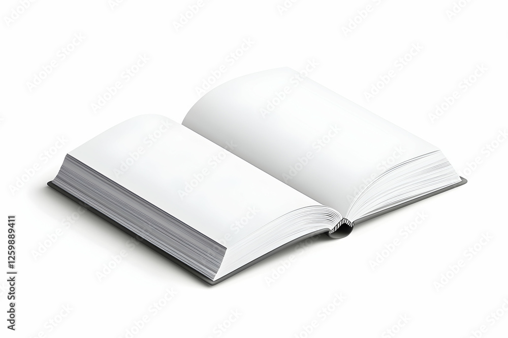 Poster open book with blank pages lying on white surface for reading