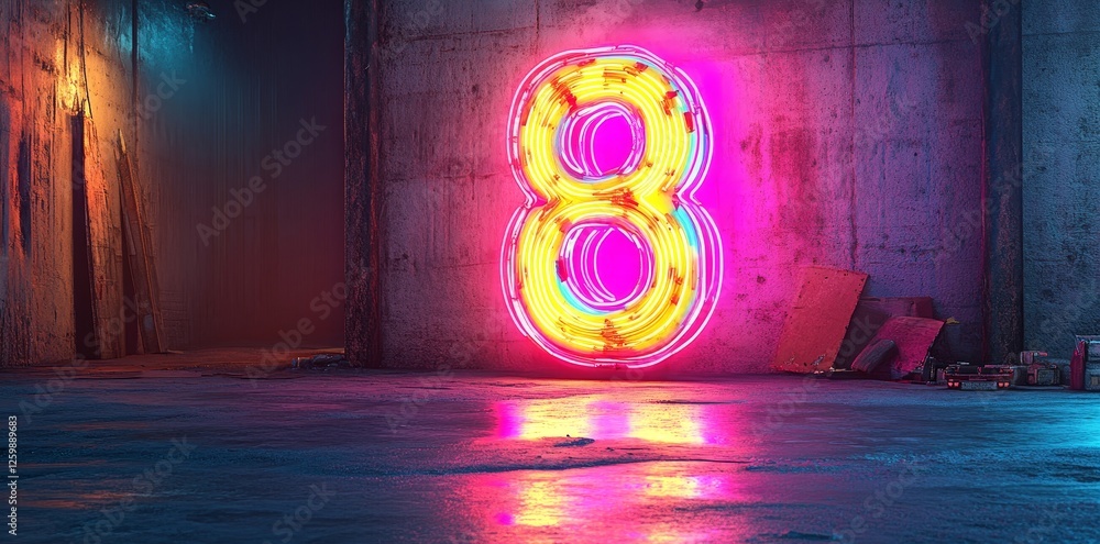 Poster a dark background serves as the perfect foil for the bright neon number 8, whose energetic presence 