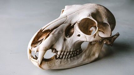 Naklejka premium Fine bone details in a slender fox skull with prominent canine teeth 