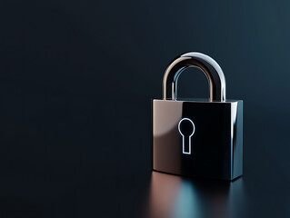 Naklejka premium Padlock Security: A gleaming metallic padlock stands as a symbol of protection and security against a dark, moody background. The reflective surface adds a layer of sophistication and mystery