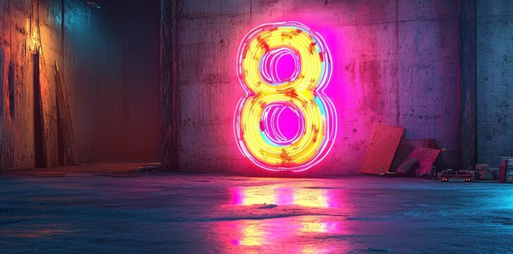 A dark background serves as the perfect foil for the bright neon number 8, whose energetic presence is heightened by the dynamic bokeh effects surrounding it