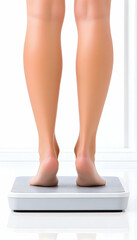 Person stands on scale, measuring weight by window, for fitness, diet, health