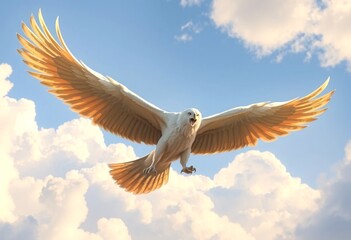 Obraz premium Majestic White Bird Soaring Through a Cloud-Filled Sky. A breathtaking illustration showcases a large white bird with golden-hued wings in full flight against a vibrant blue sky dotted