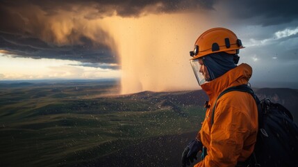 Obraz premium Lone Adventurer Witnessing Powerful Storm Brewing in Remote Wilderness Landscape