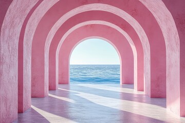 Minimalistic 3D Render of Arches with Sea View in Light Pink and White, Enhanced by Sun Rays