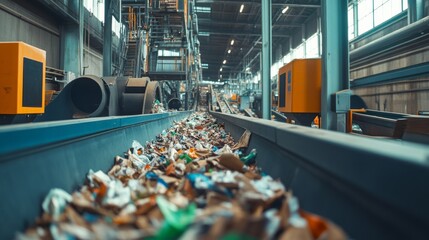 Recycling plant with conveyor belts and sorting machines. Featuring waste management. Highlighting sustainability and environmental protection. Ideal for environmental industry visuals.