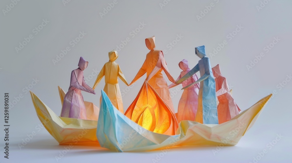 Aufkleber a delicate and artistic arrangement of origami paper figures encircling a glowing fire, symbolizing 