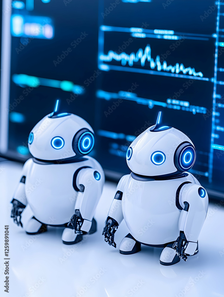 Poster robots analyze data on the screen in the office for future predictions use