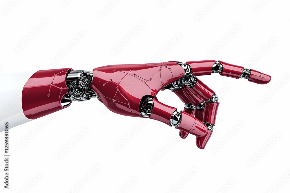 Poster robotic hand pointing against white background for future innovation design projects