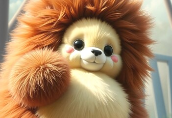  Adorable Plush Animal Close-up, Perfect for Children's Products. Close-up of a cartoonish fluffy plush animal likely a lion or similar creature