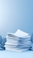 Stack of papers on a blue background used for office work or paperwork