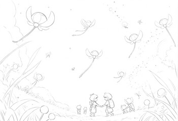  Whimsical sketch of children and fantastical flowers in a serene meadow. A grayscale line art illustration of a serene meadow scene