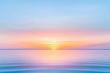 Fototapeta premium Sunset reflected on a serene lake, with a soft pastel sky backdrop. Travel, relax
